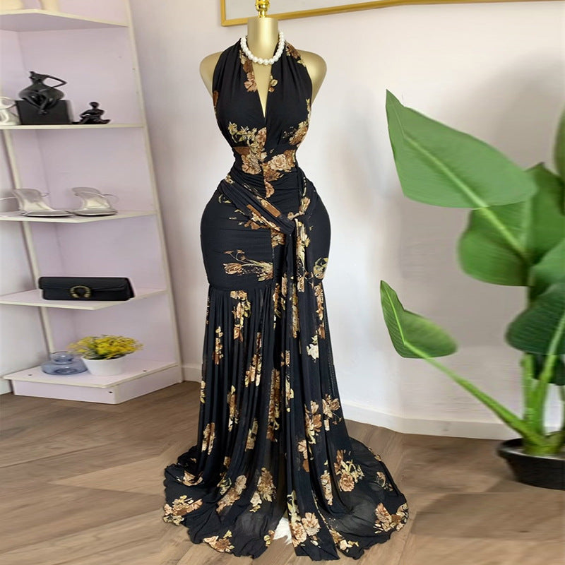 European and american cross-border women's fashion:  summer new arrival - elegant printed v-neck pleated sleeveless maxi dress