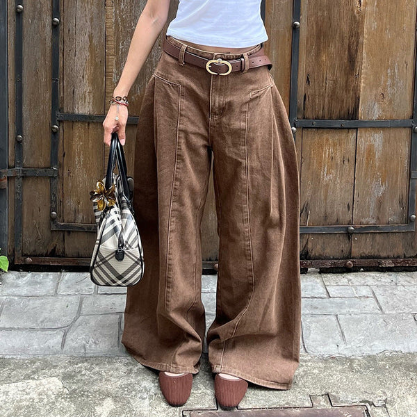 2025 Autumn Vintage Maillard Jeans Personality Street Fashion Loose Wide Leg Floor Pants Casual Trousers Women