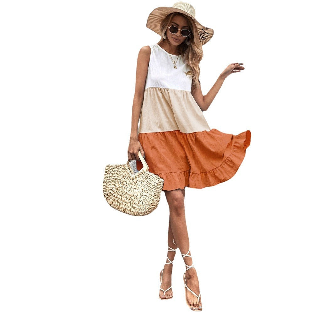 European and American elegant style round neck sleeveless dress summer mid-waist pullover ruffle skirt women's versatile