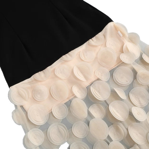 export women's summer new sexy bandeau backless dress - black and white 3d polka dot maxi flared skirt