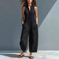 european and american women's clothing  independent station casual women's sleeveless stand collar pocket jumpsuit independent station black