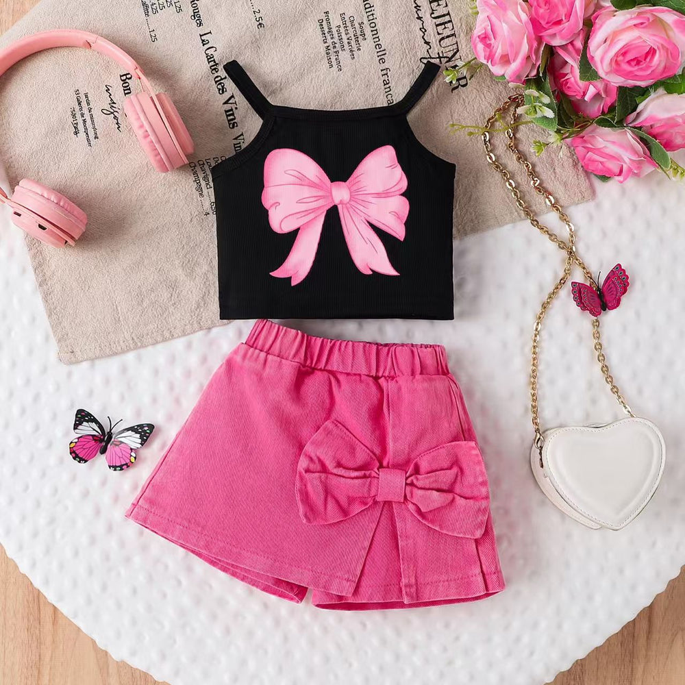 Children's clothingexport cross-border summer sweet cool girl bow printing suspender + pants skirt set