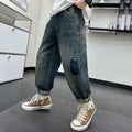 Boys' spring pants: new  denim jeans for spring and autumn, kids' trousers, trendy boys' street style pants, loose fit korean style