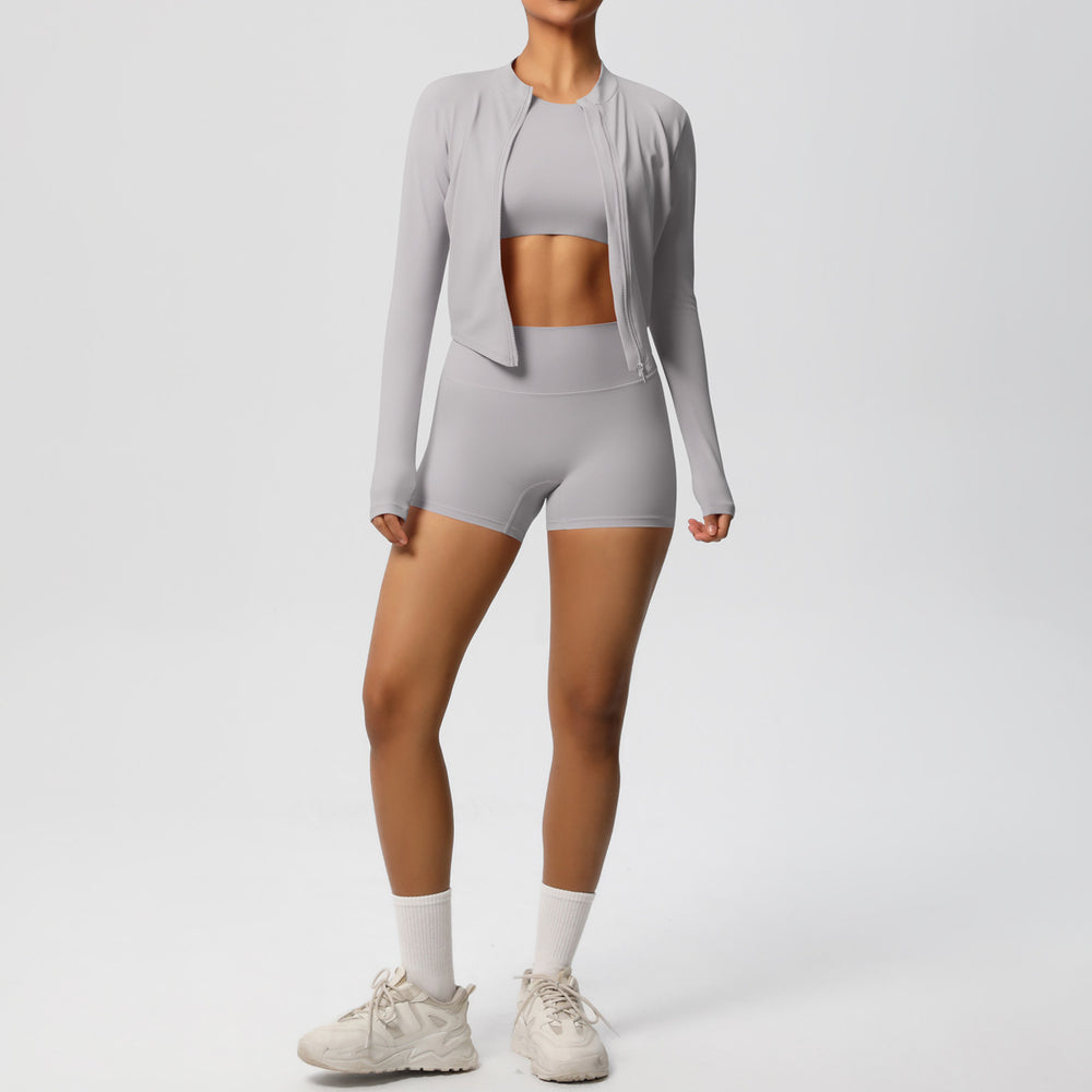 New arrival cross-border brushed tight-fitting fitness wear, nude-feeling quick-drying sports shorts suitslimming look yoga wear three-piece set for women