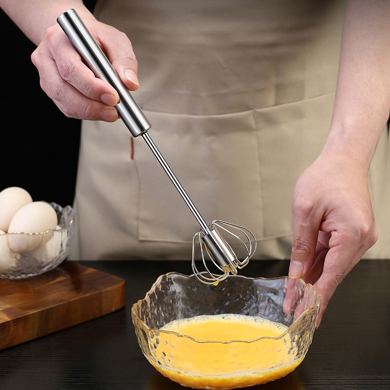 Household stainless steel semi-automatic rotary egg beater - kitchen baking tool, stainless steel manual press-type egg whisk