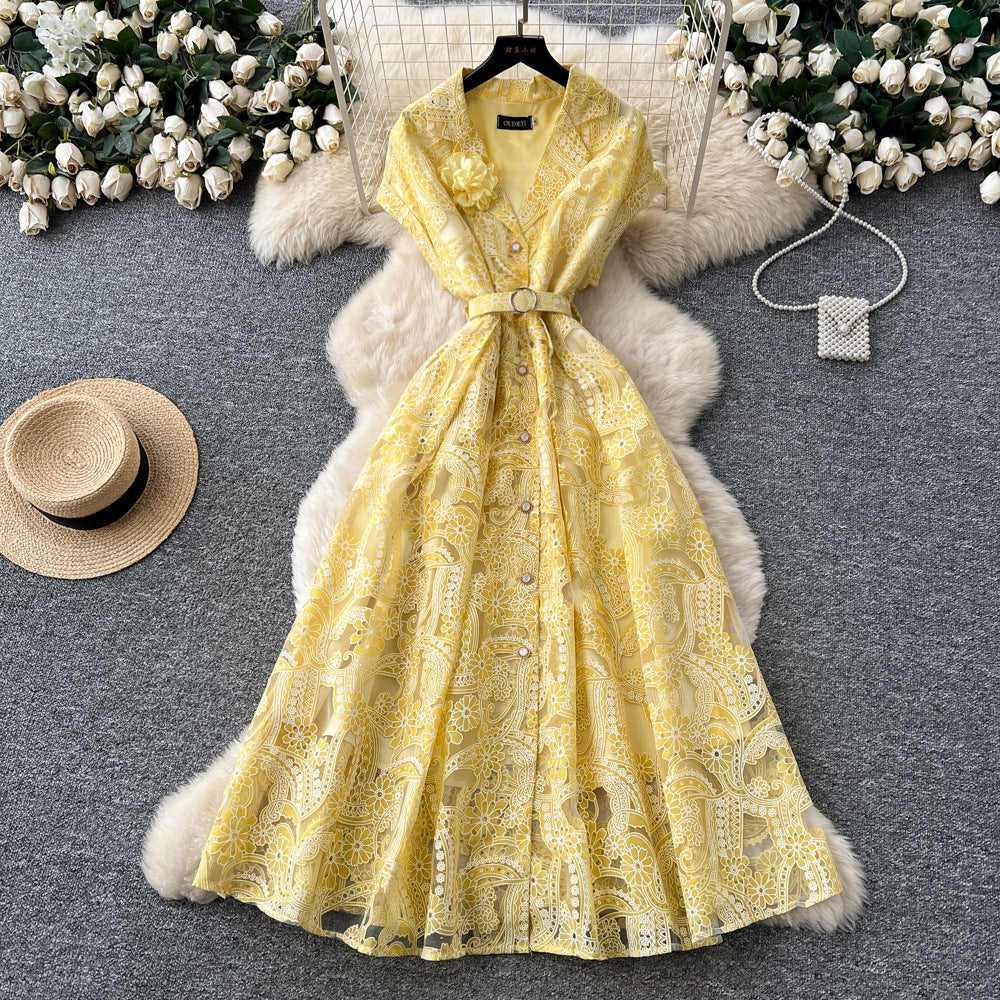 French chic lace 3d floral cutout dress - new high-waisted, slimming, elegant maxi dress for women