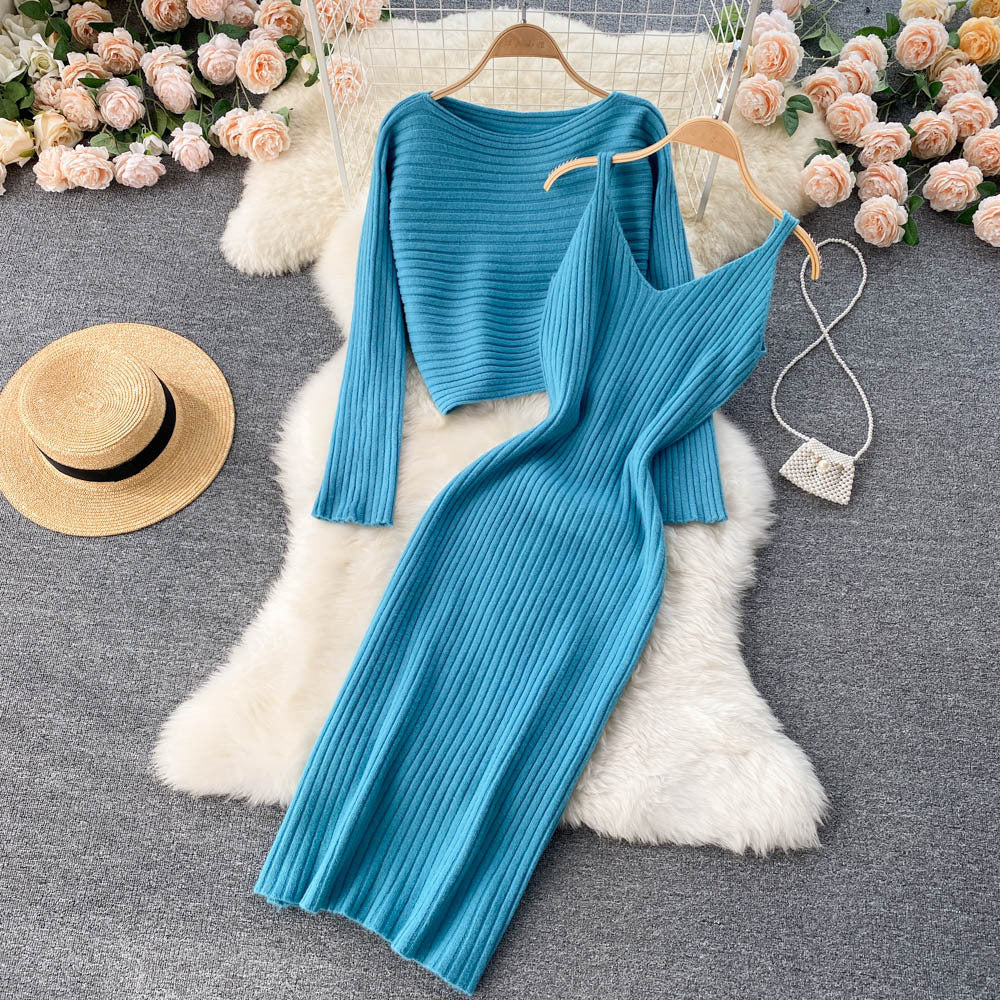 Hong kong style retrochicshortknitting shirt tops suspender v neckelegant hip-hugging dress layered two-piece set