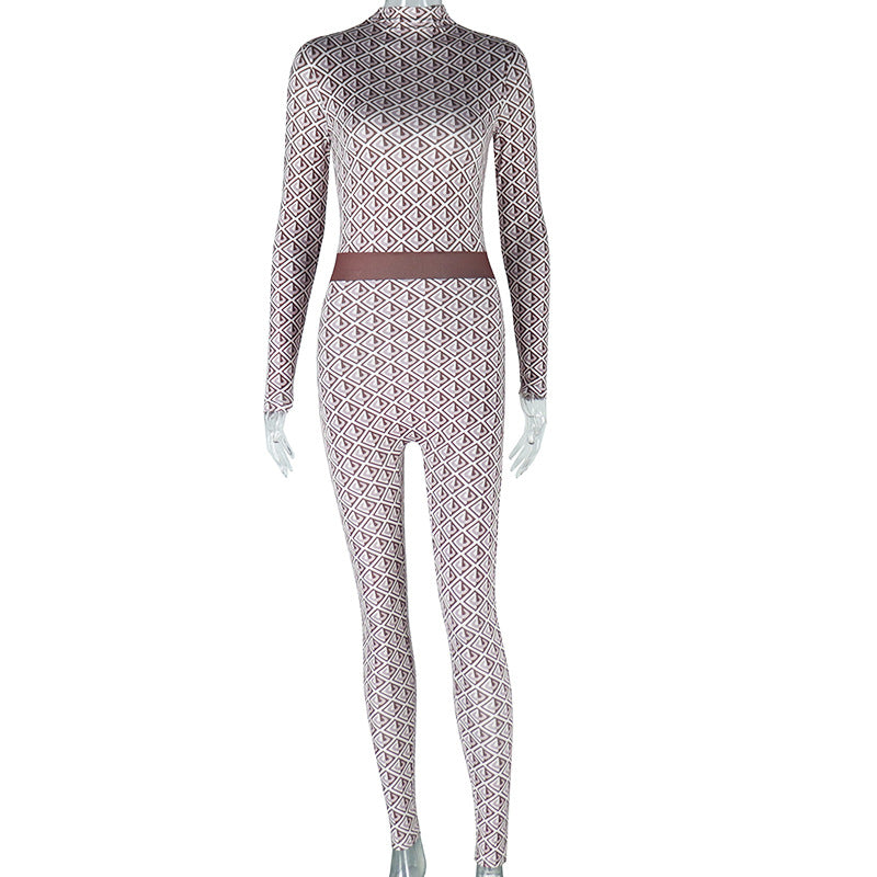 Fashionexport women's fashionprinting street round neck long sleevespants body pants fitness jumpsuit women's one piece dropshipping