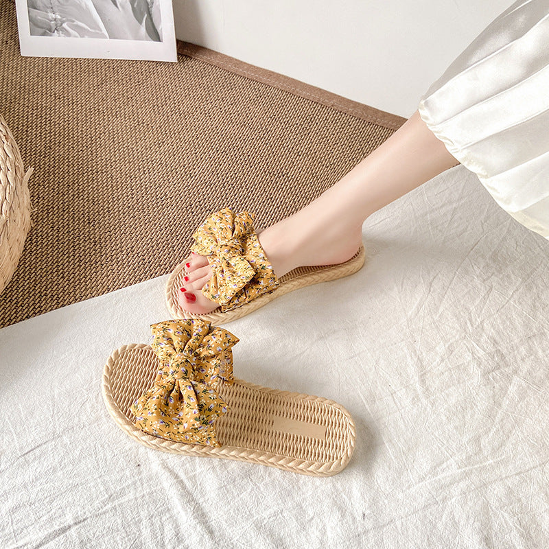 Women's flat sandals - fairy style, new korean style for summer 2024, versatile bowknot beach slides