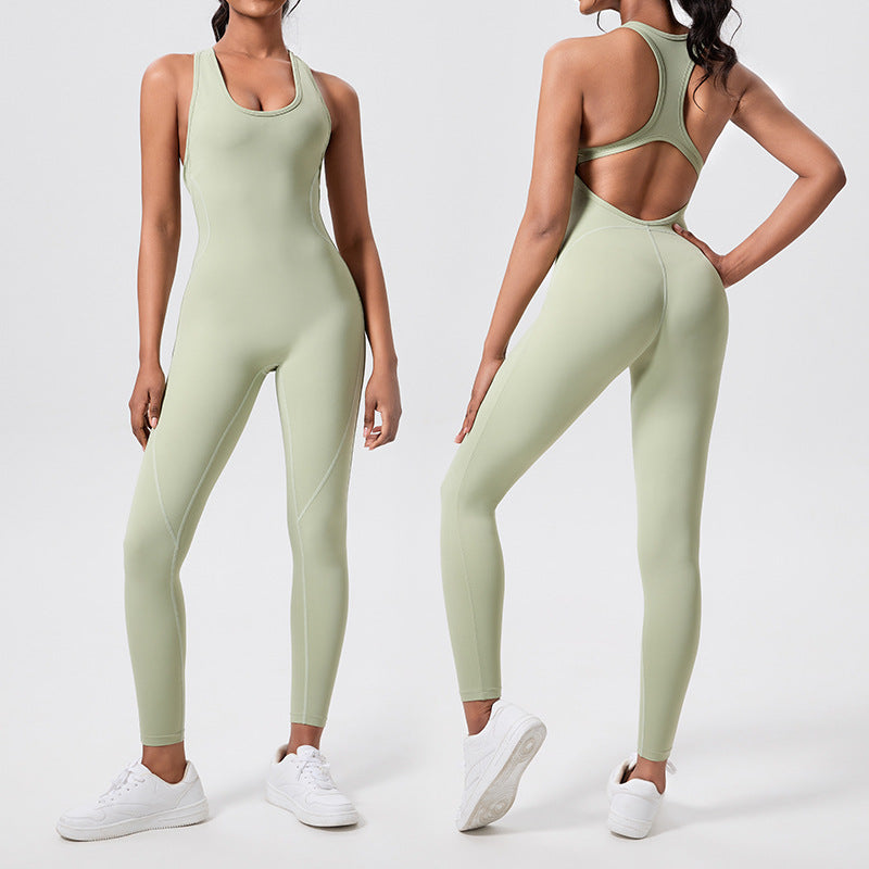 Eco-friendly recycled fabric one-piece yoga bodysuit - open back, tight-fitting, butt-lifting gym outfit - aerial yoga leotard
