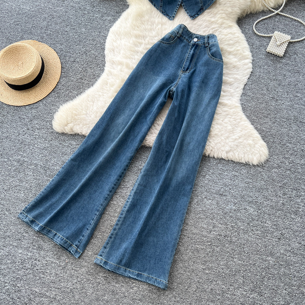 Korean style commute outfit: denim two-piece set for women - summer slim fit, high-waisted, effortless style
