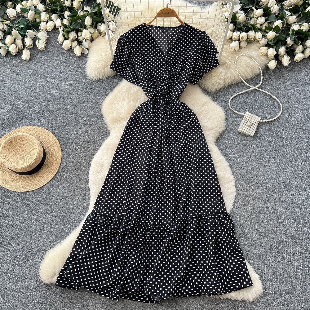 Frenchretro polka dot elegant short-sleeved dress women's summerv neck waist tie back a-line skirt slimming look elegant long skirt