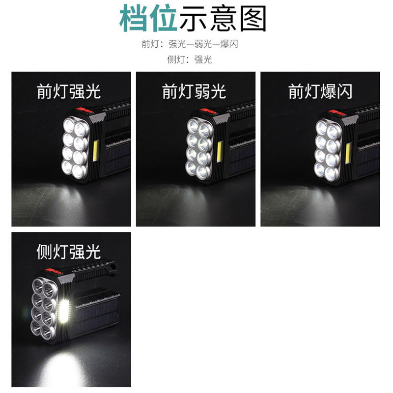 Cross-border new 8-lamp portable searchlight USB charging outdoor with side light solar charging LED flashlight