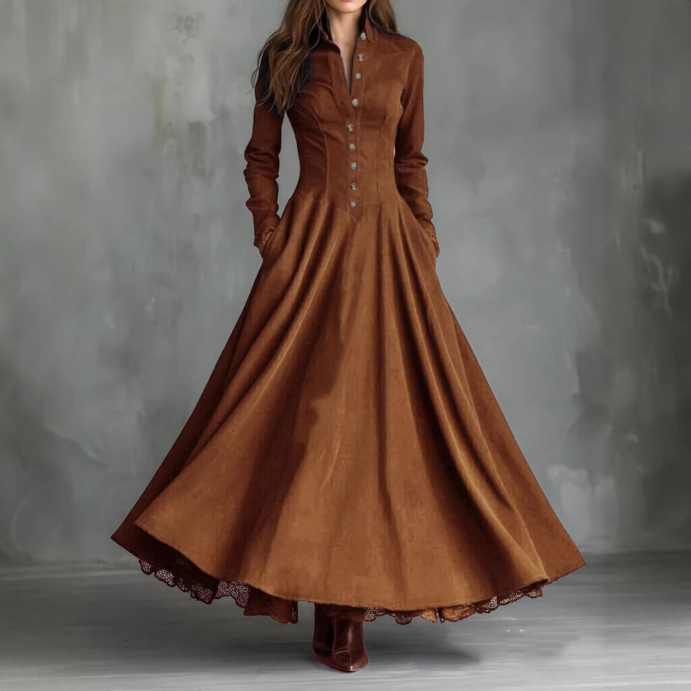 European and american cross-border  independent station french retro high-end faux suede lace trim patchwork shirt dress