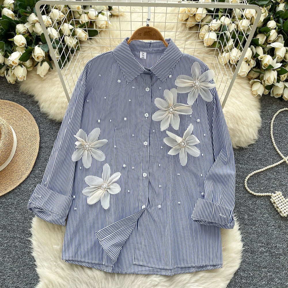 European and american style striped long-sleeve shirt for women - summer, 3d floral appliqué, diamond embellished, loose fit, mature & chic, boss lady top