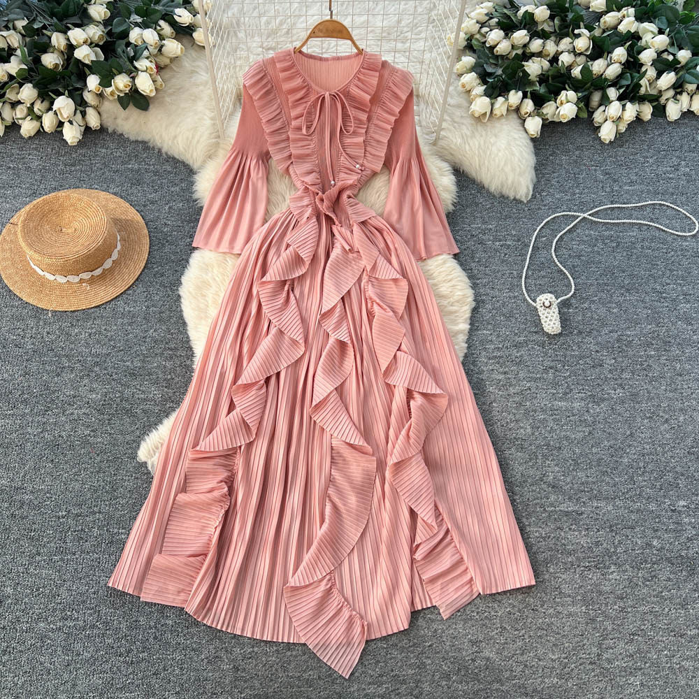 Korean style ruffle trim pleated bow dress - women's long sleeve tie-waist design a-line dress - rose red