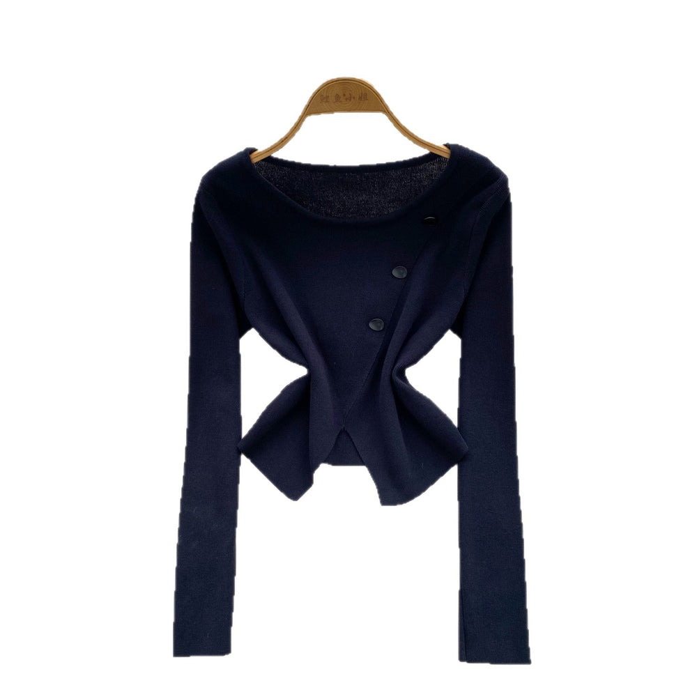 Long sleevesknitting shirt for women autumnew arrivalsense of designniche style slit button round neck long sleevesilm bottom shirt
