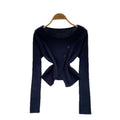 Long sleevesknitting shirt for women autumnew arrivalsense of designniche style slit button round neck long sleevesilm bottom shirt