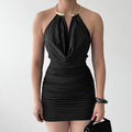 European and american women's clothing  summer new arrival: casual solid color sleeveless halter neck metallic ring detail bodycon mini dress