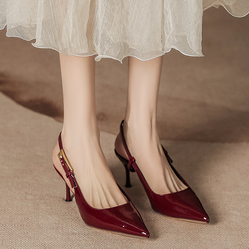 Women's high heels: new 2025 collection - metallic stiletto pointed-toe thong sandals, sexy red patent leather closed-toe heels for the modern woman