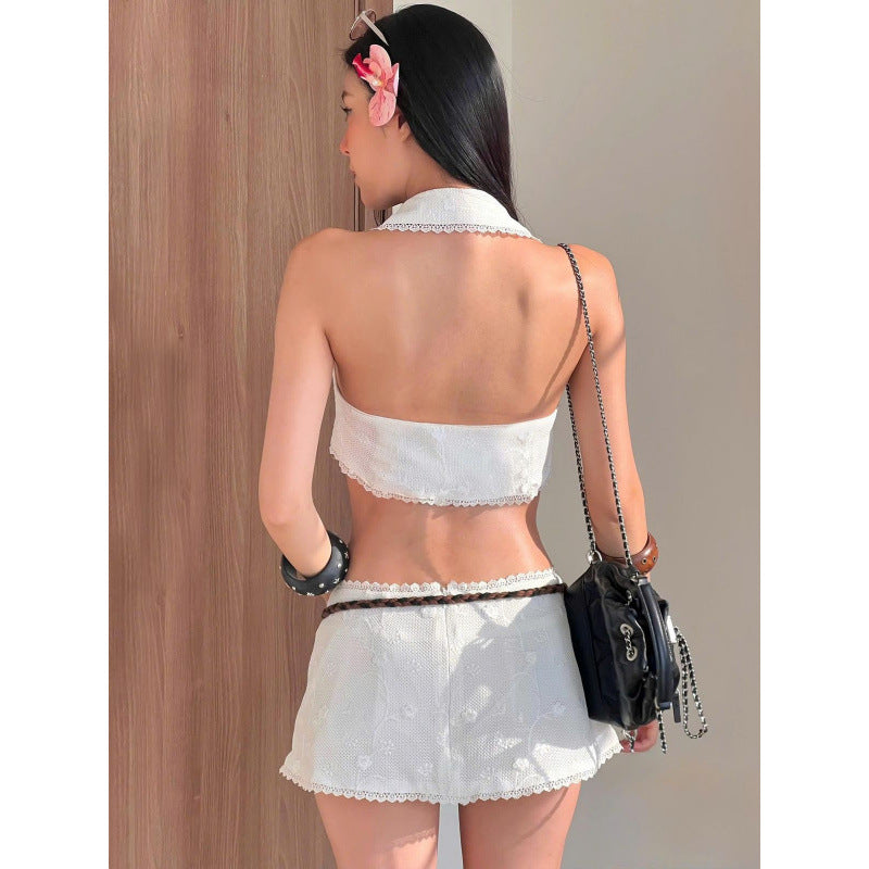 European and american women's clothing  summer new fashion: lapel cardigan, button-down halter crop top, and slim-fit mini skirt set