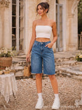 Relaxed fit, knee-length, raw hem denim bermuda shorts, high-waisted classic washed casual women's wear