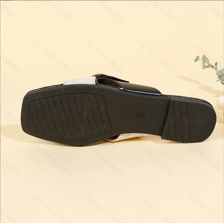 2025 summer new women's flat sandals - leather strap outdoor slides - black thong sandals