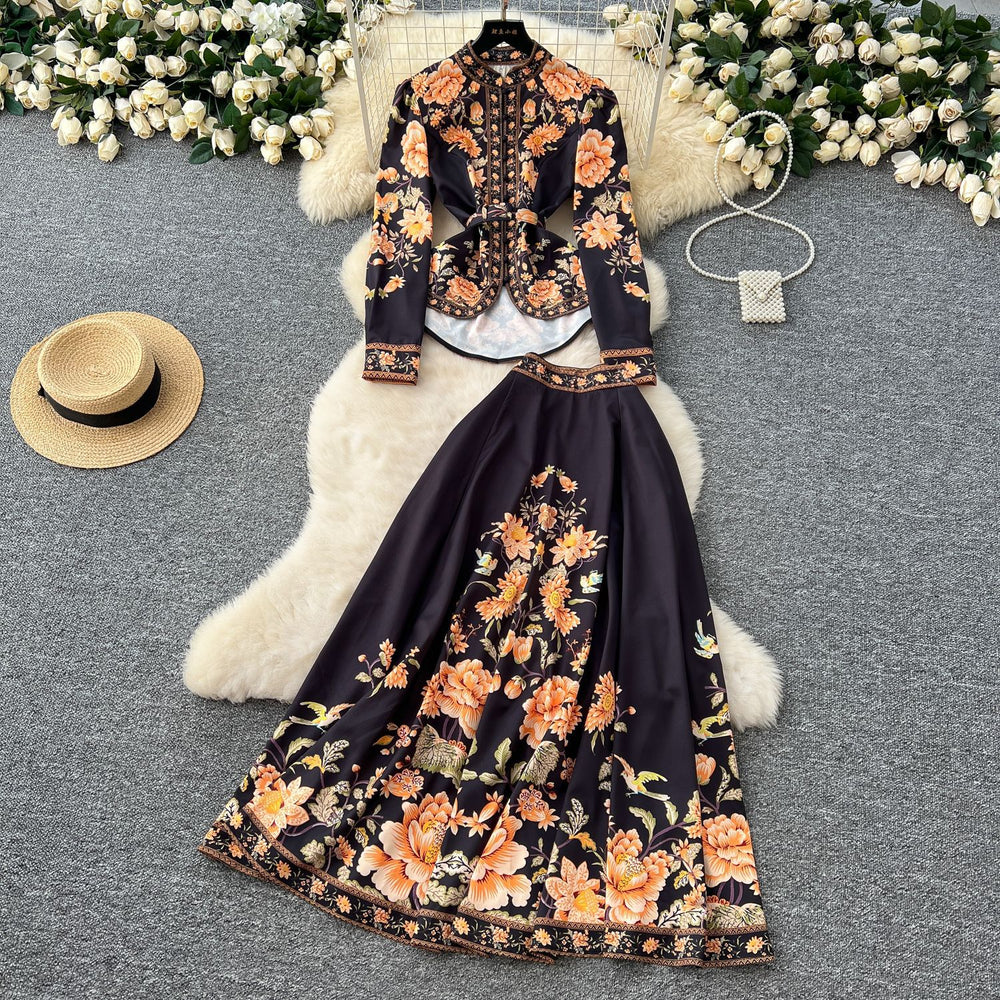 Palace style suit skirt for women new arrivalfrench waist puff sleeve printingtopshigh waist large hem long skirt