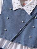 cross-border autumn new arrival: shirt collar bubble bead dress + bubble bead denim vest + crossbody bag three-piece set