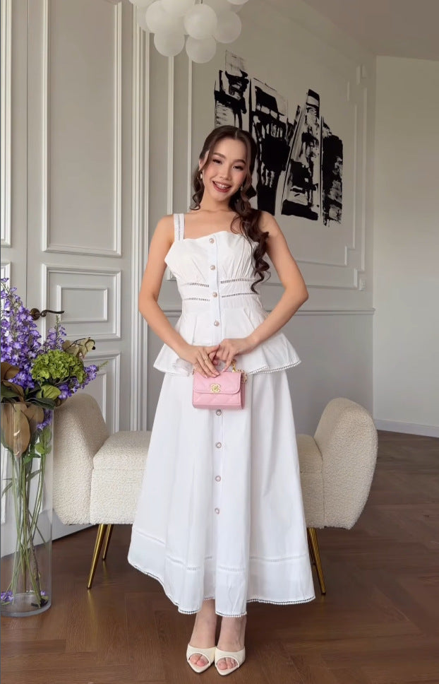 new white sleeveless a-line dress for women - summer workwear, high-waisted, fresh & chic maxi dress