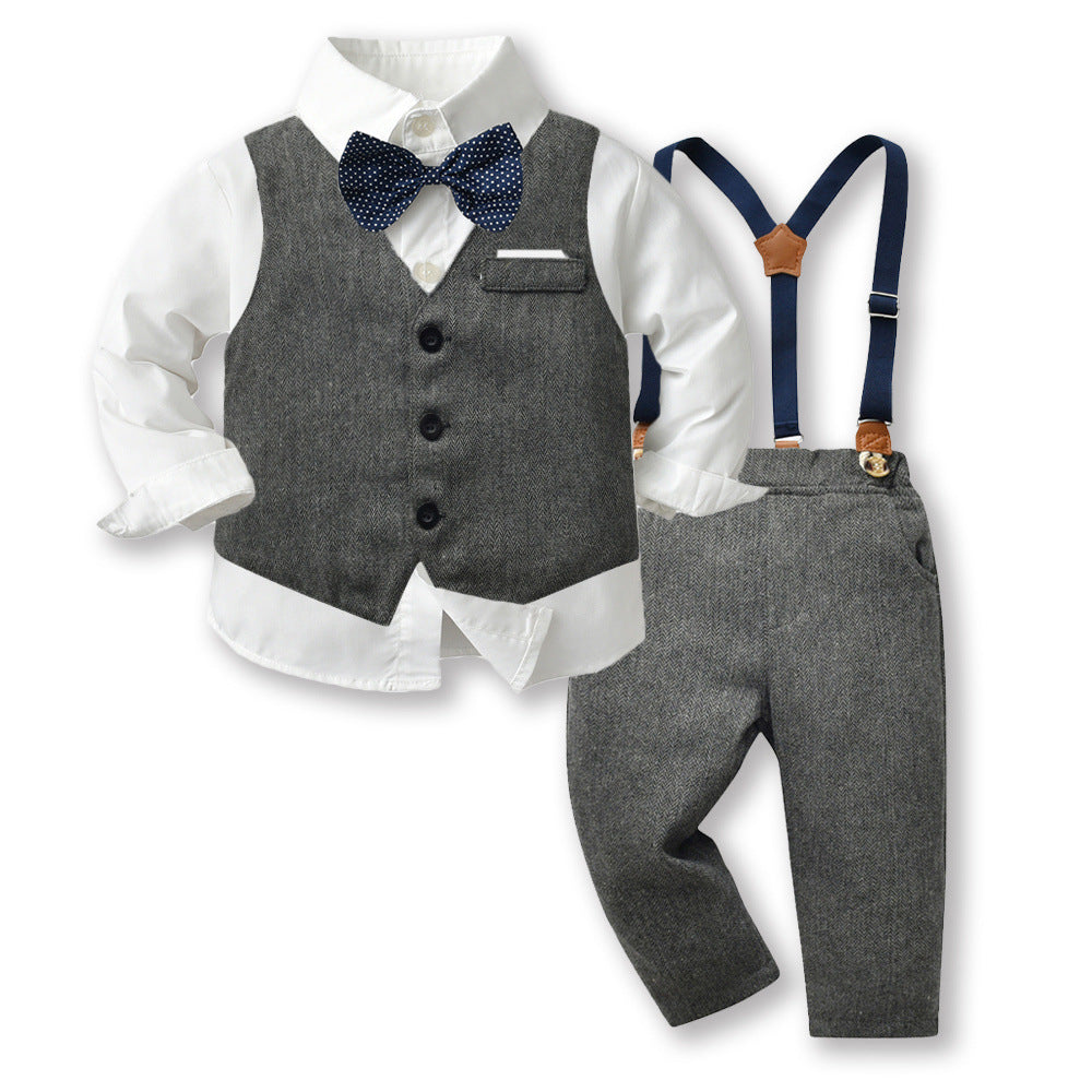 Kids' vest three-piece set: first birthday outfit with bow tie, long-sleeve shirt, and british style gentleman's dress for baby boys - autumn trend