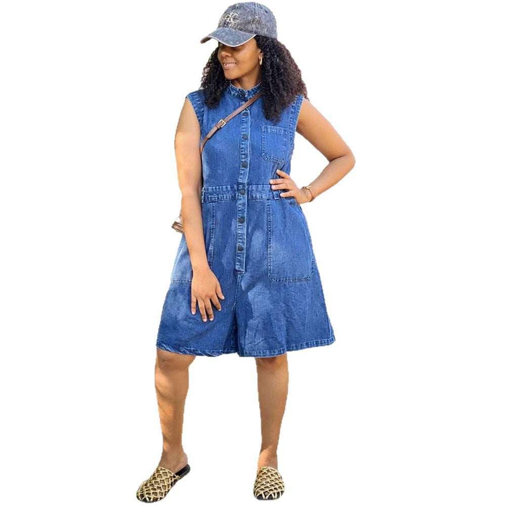European and american style loose denim jumpsuit  cross-border women's clothing street washed lapel sleeveless jumpsuit shorts