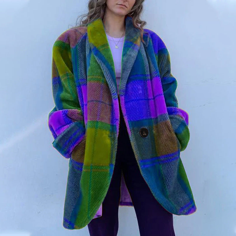 autumn european and american cross-border women's fashion: -ready long-sleeved, collared, color-blocked wool blend overcoat with print