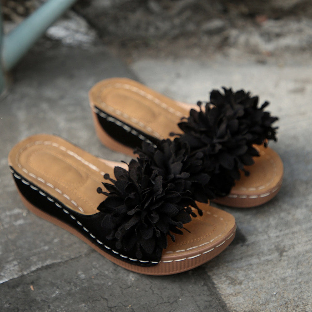plus sizesummernew arrivalexport wedge thick sole slippers fish mouth one-piece strap flower outwear slippers