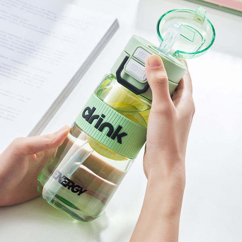Portable sports water bottle with carry loop, straw cup for men and women, student double drinking cup, outdoor plastic cup, flip-top tumbler