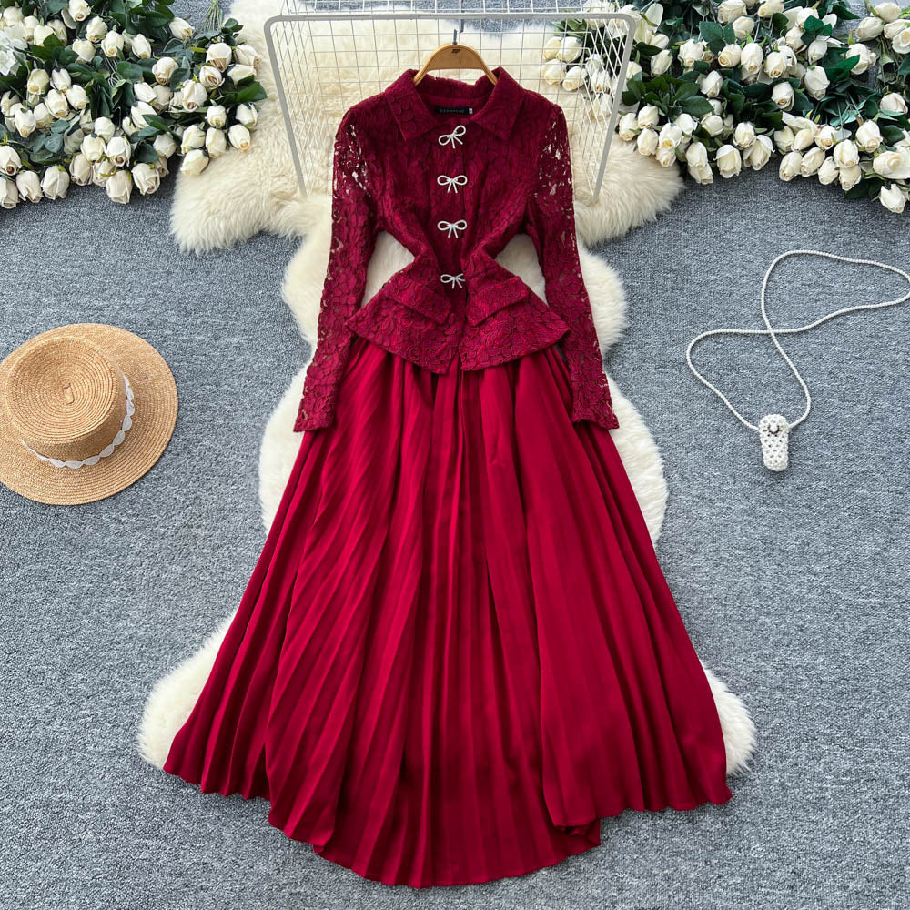 French chic high-end bowknot lace long sleeve patchwork waist pleated dress - elegant women's formal gown