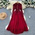 French chic high-end bowknot lace long sleeve patchwork waist pleated dress - elegant women's formal gown