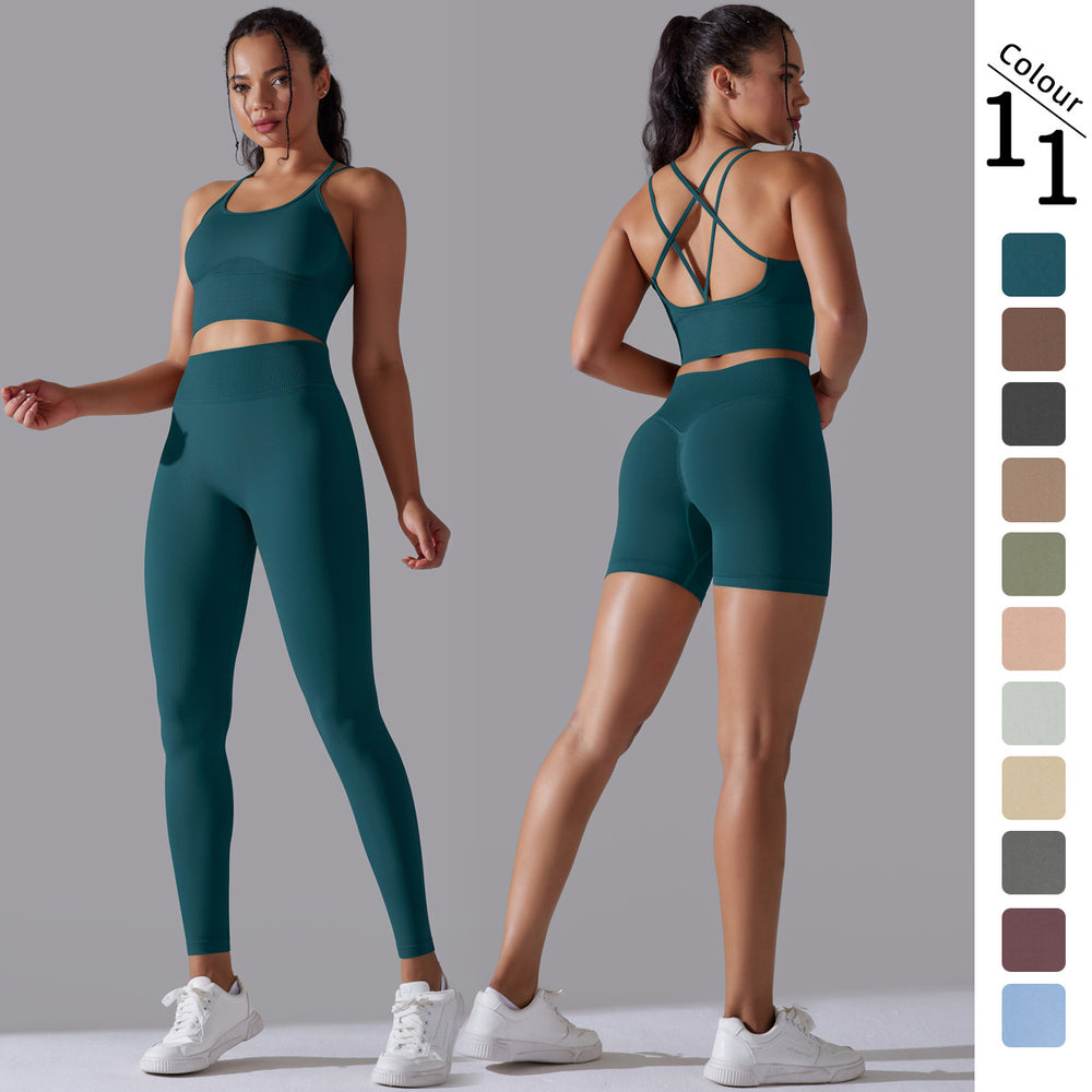 fashion seamless knittingpure color beautiful back high elastic tight yoga suit running fitness suit two-piece set for women