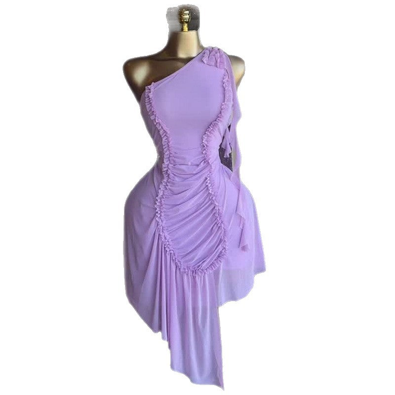 European and american cross-border women's fashion:  autumn new arrival - elegant asymmetrical one-shoulder ruffle trim bodycon dress