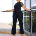 D509 european and american style  sexy lace trim cutout short sleeve tie-up high waist wide leg jumpsuit - wholesale