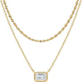 14k gold double-layer choker necklace with rectangular zircon pendant, square diamond layered necklace, sparkling diamond clavicle chain