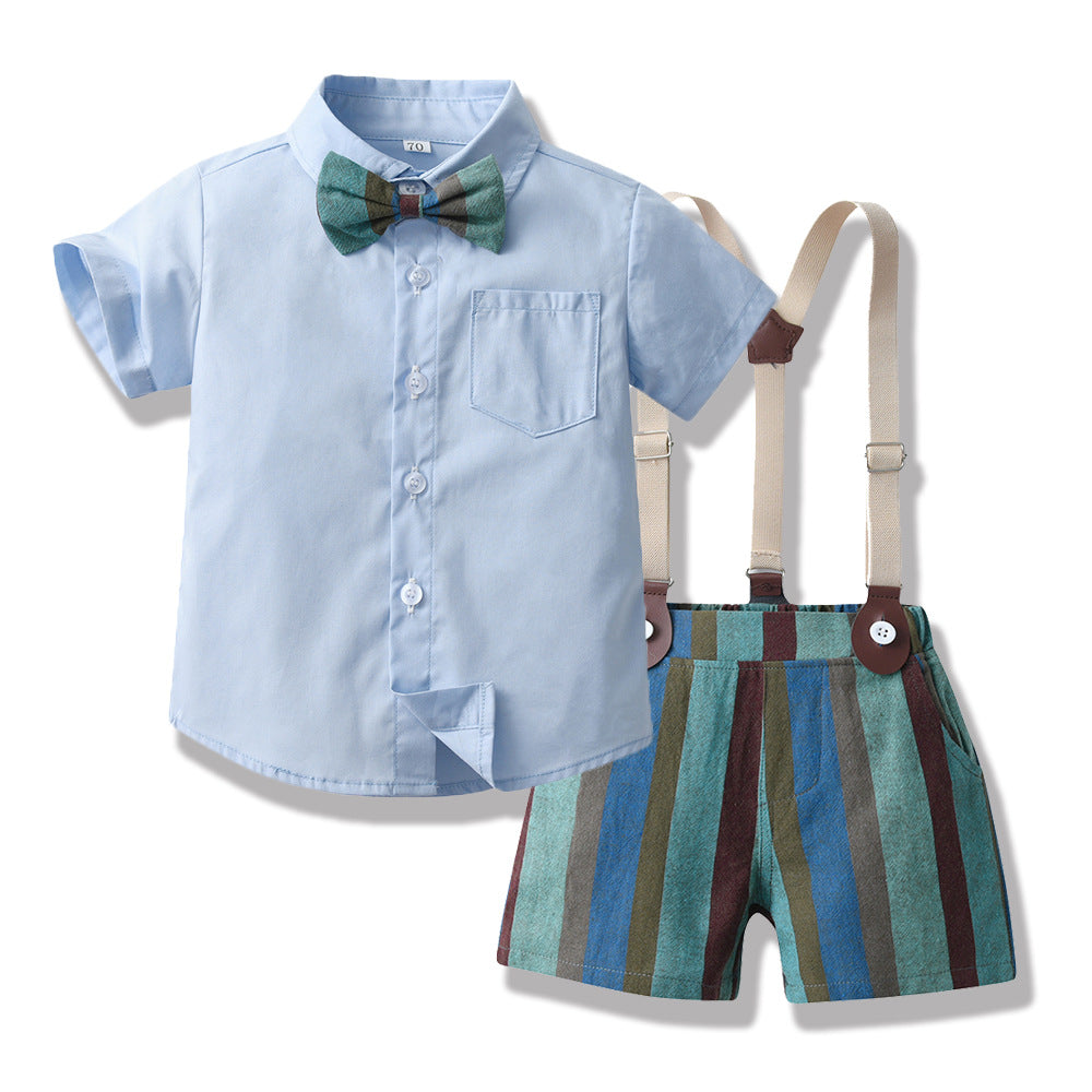 New in stock: summer boys' british style outfit - short sleeve shirt & striped overalls gentleman's first birthday suit