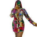 D170  temperament commuter ethnic style suit collar printing long sleeves foreign trade large size european and american cross-border dress