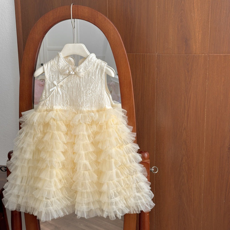 Girls'  new puffy dress, stylish cheongsam-style sweet dress with buttons for baby girls, trendy and fashionable top for kids