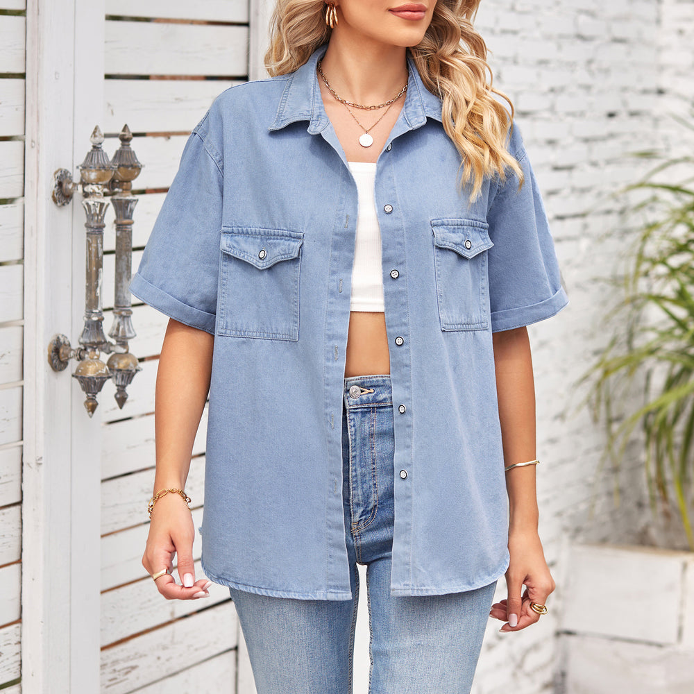 Fashion cross-border trade   independent station new arrival slimming look denim single-breasted short-sleeved casual shirt for women
