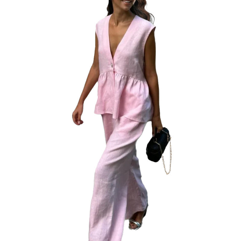 cross-border european and american women's summer collection: new elegant commute v-neck sleeveless top and vest pant fashion set