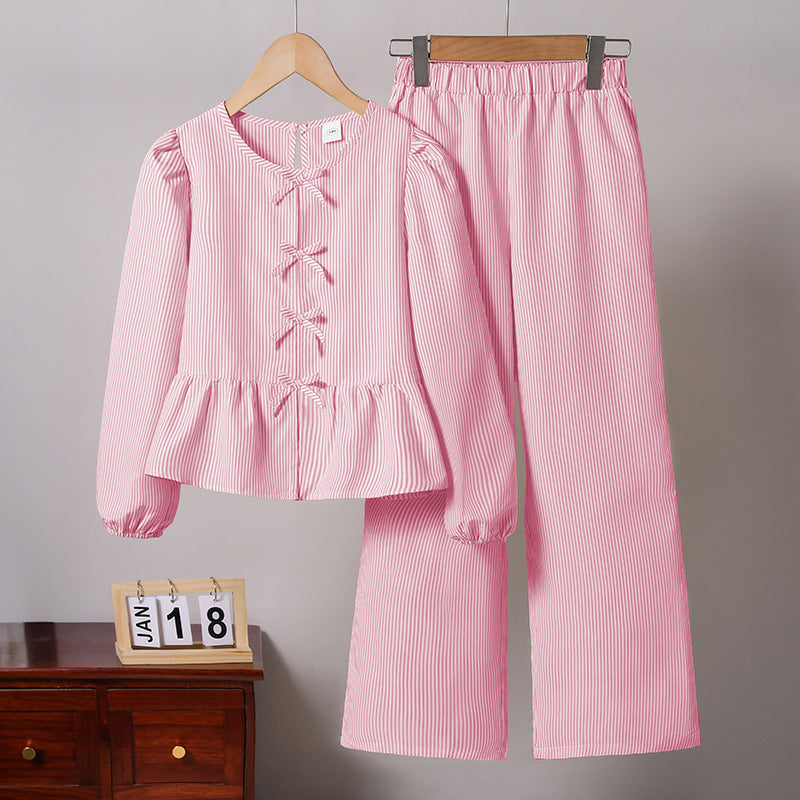 European and american cross-border girls' spring  collection: independent website &  new arrival - tie-up bow long sleeve top and pants set