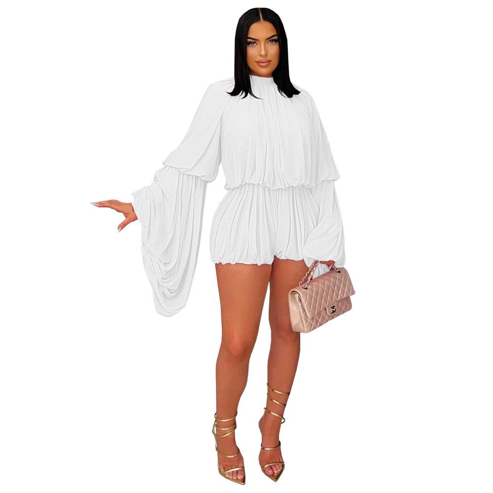C7432 cross-border   fashion women's fashion casual pleated solid color jumpsuit shorts new