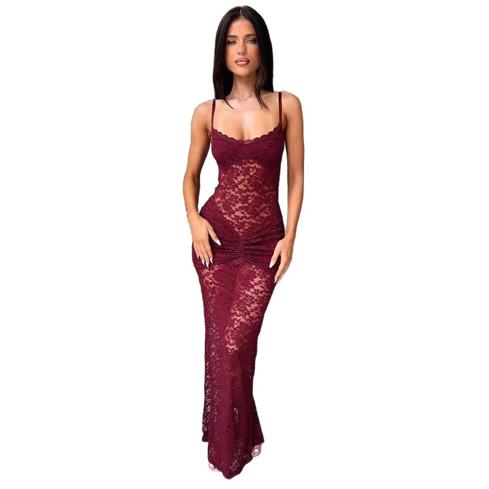 fashionsummernew arrivalfashion low collar suspender sexy see-through lace silm slit dress for women