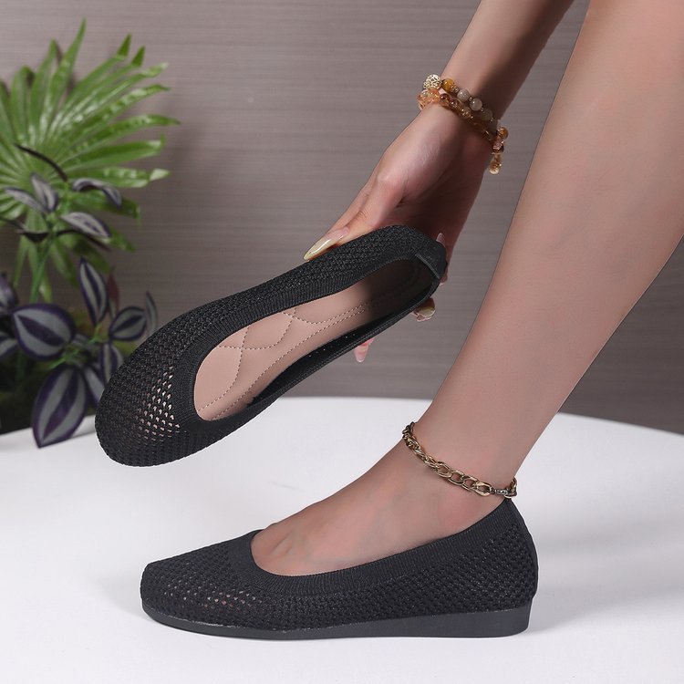new arrivalpure color round toe fly woven flatsflats women's casual breathable cut outknitting lazy work shoes